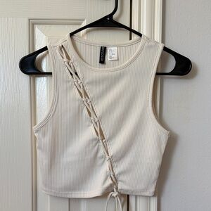Divided Ribbed Lace-Up Crop Tank